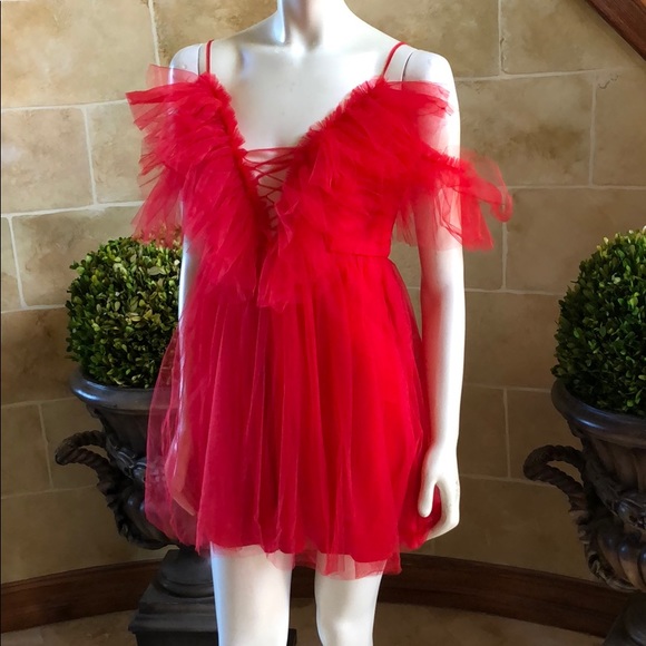 Red Sexy Sheer Mesh Front Ruffle Detail Mini Dress - Picture 5 of 6